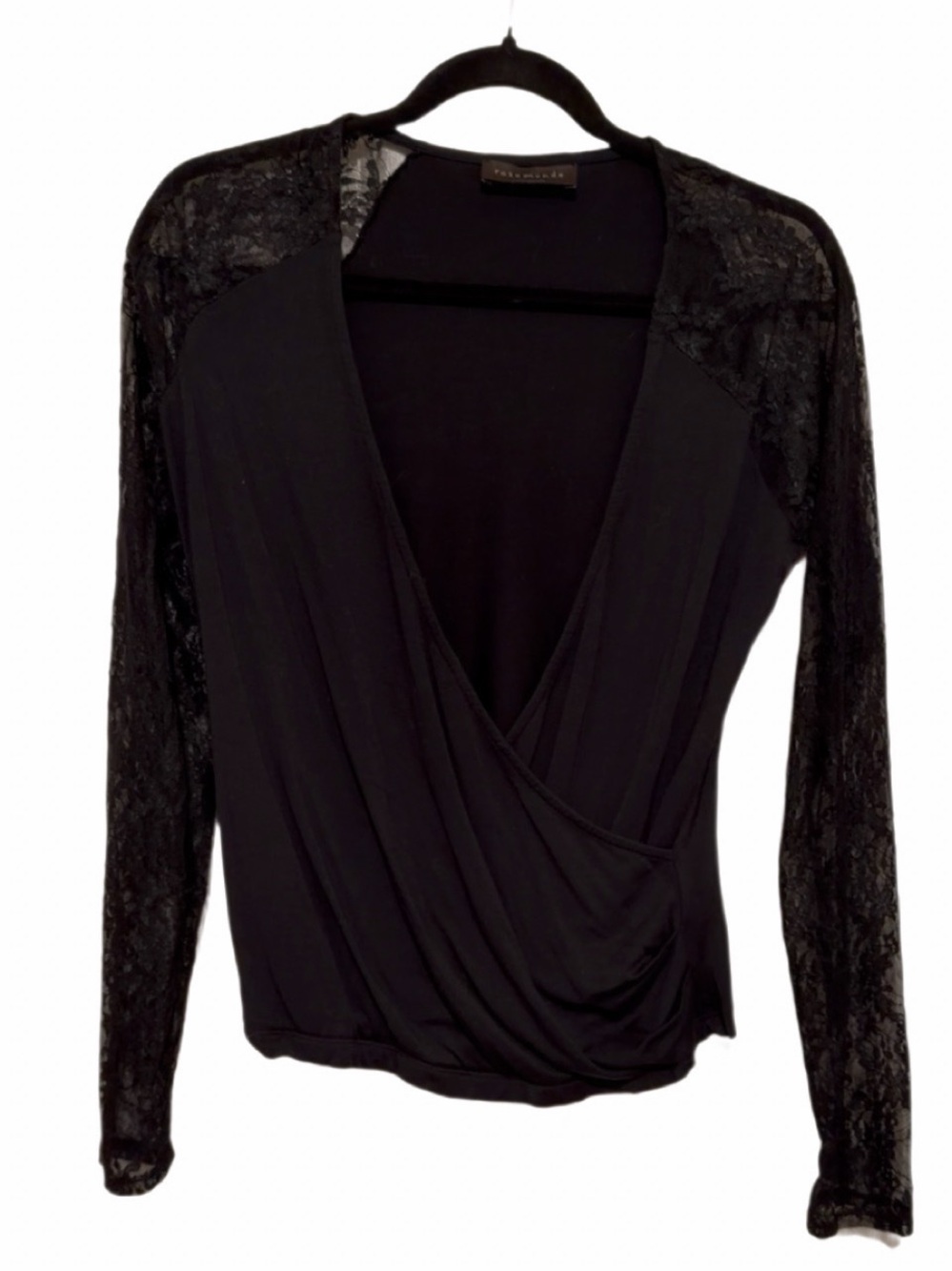 Black Lace-Sleeve Surplice Long Sleeve Top